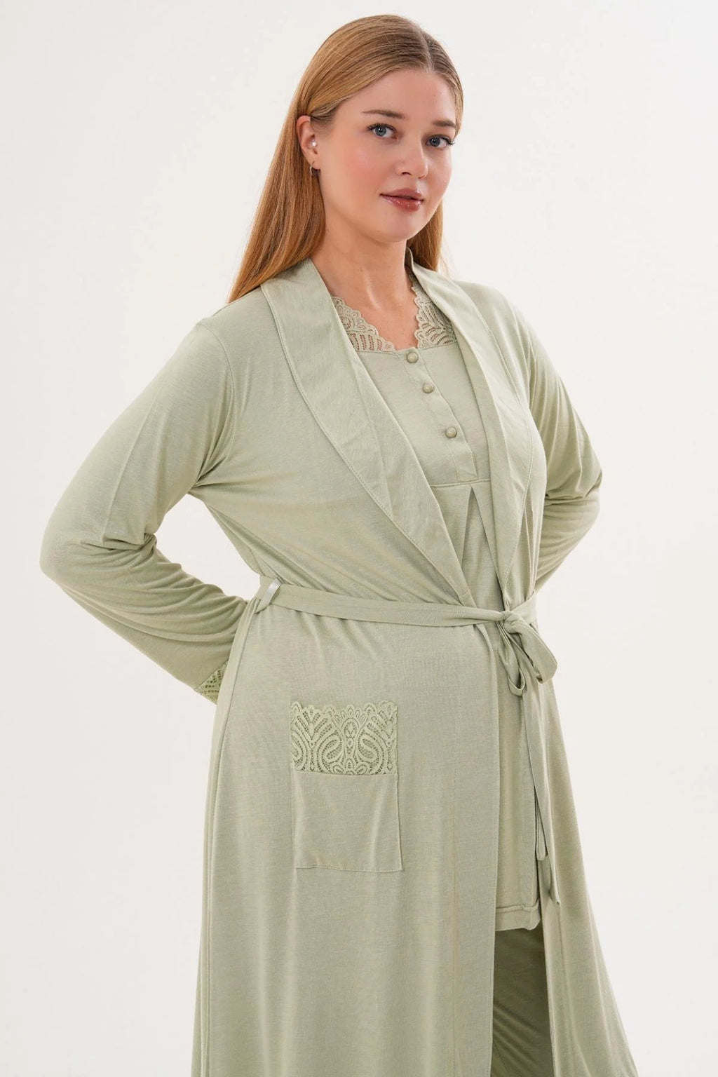 Lace Sleeve and Collar 3-Piece Maternity-Nursing Pajama & Lace Sleeve Robe Set Green - 6330