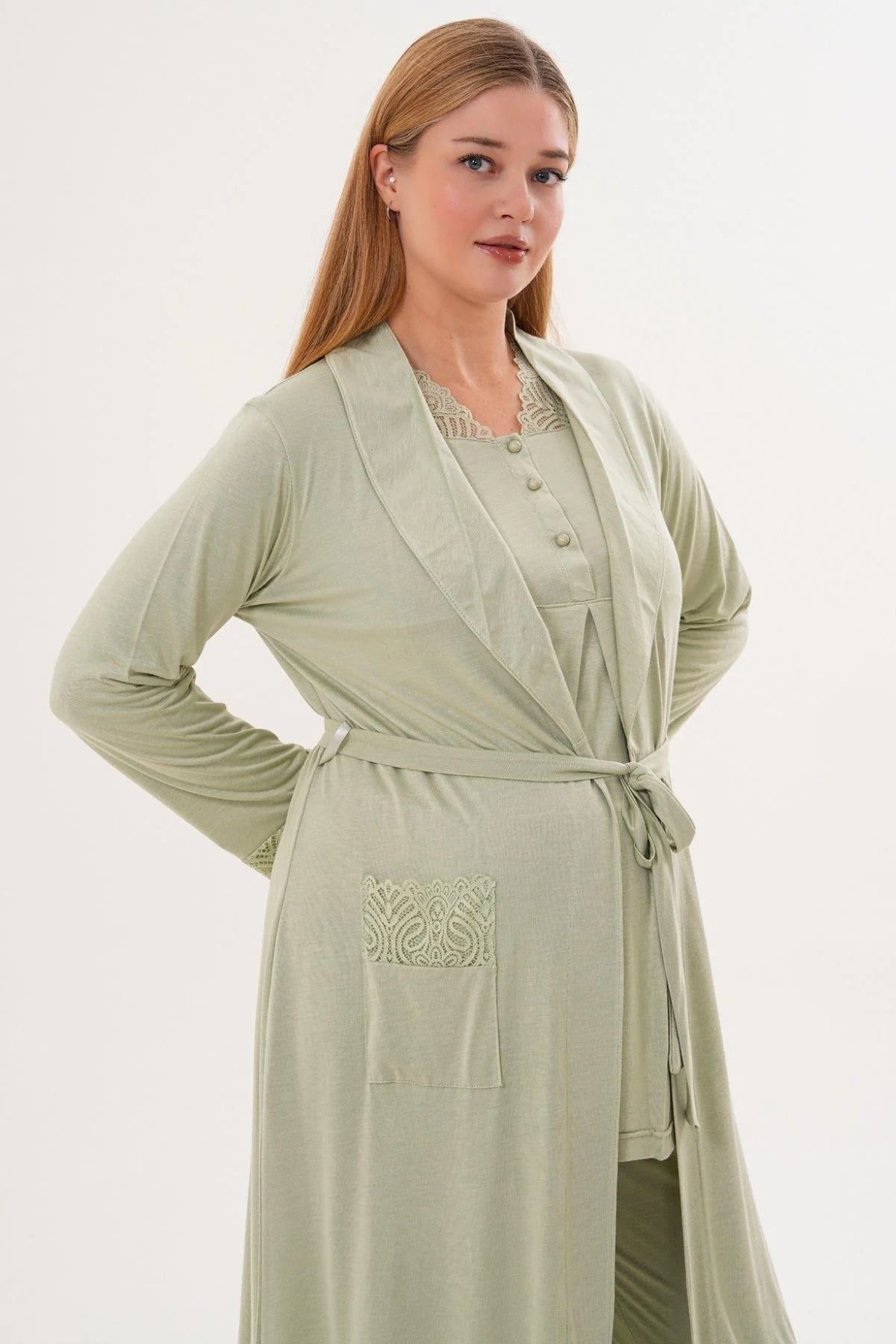 Lace Sleeve and Collar 3-Piece Maternity-Nursing Pajama & Lace Sleeve Robe Set Green - 6330