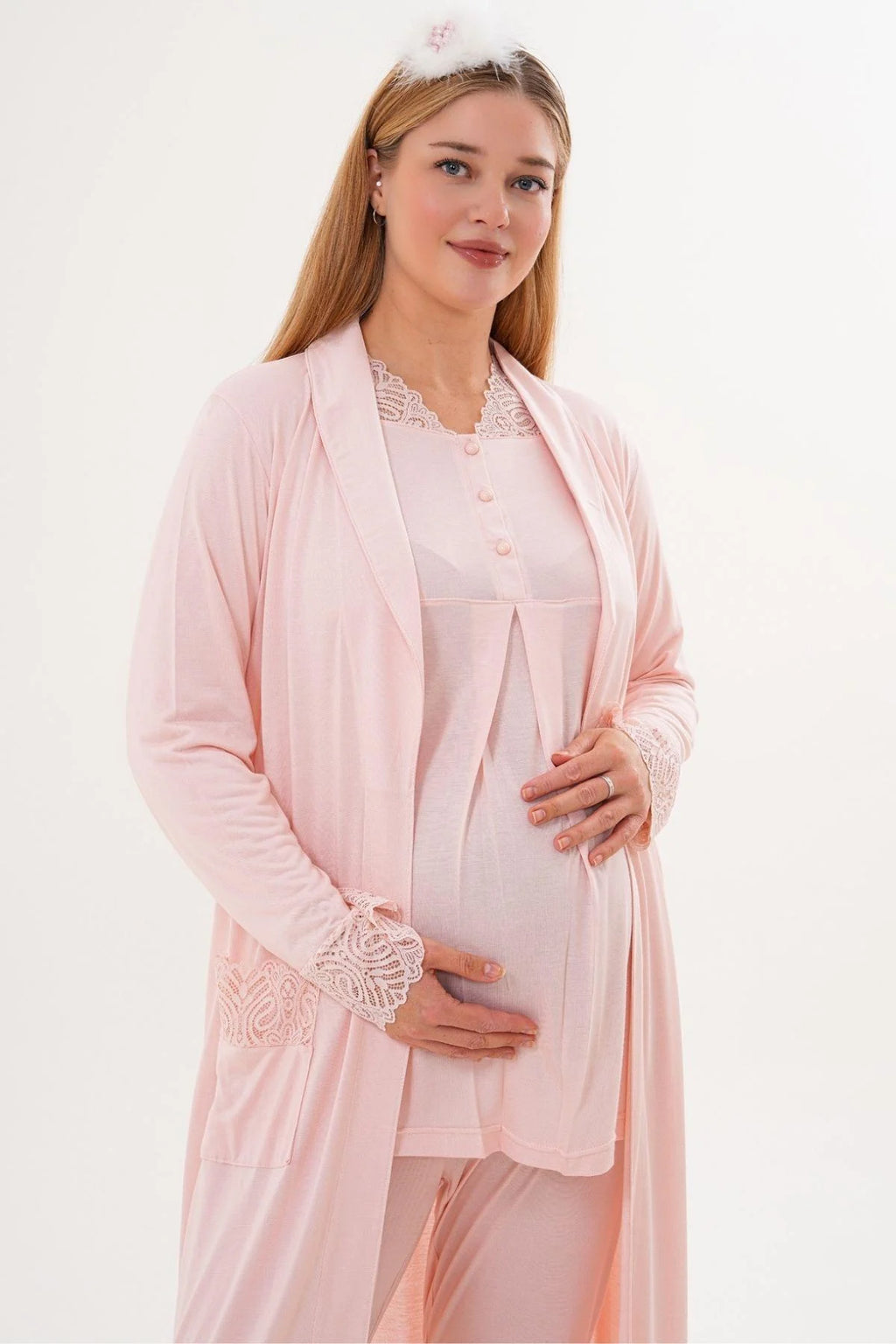 Lace Sleeve and Collar 3-Piece Maternity-Nursing Pajama & Lace Sleeve Robe Set Powder - 6330