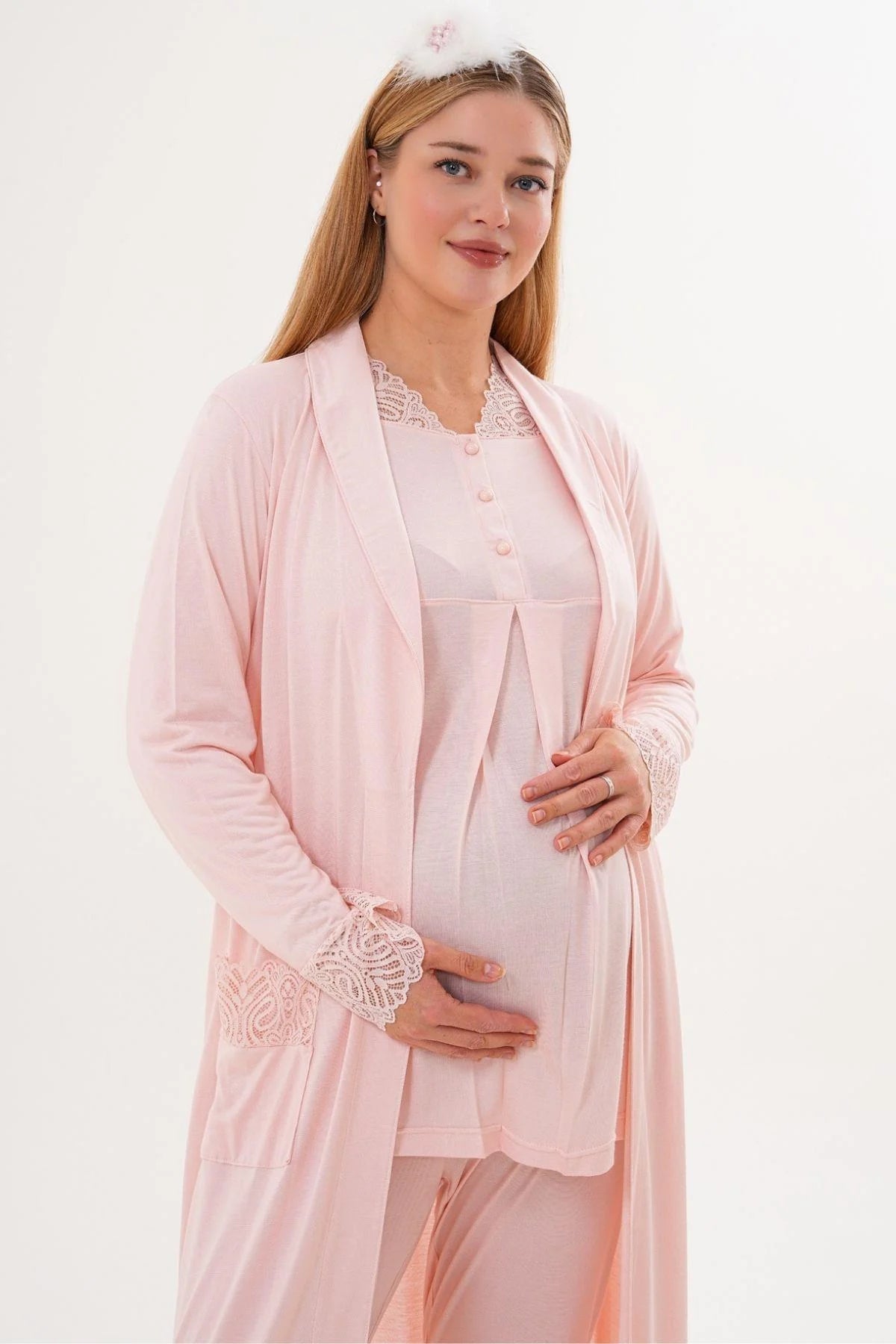 Lace Sleeve and Collar 3-Piece Maternity-Nursing Pajama & Lace Sleeve Robe Set Powder - 6330