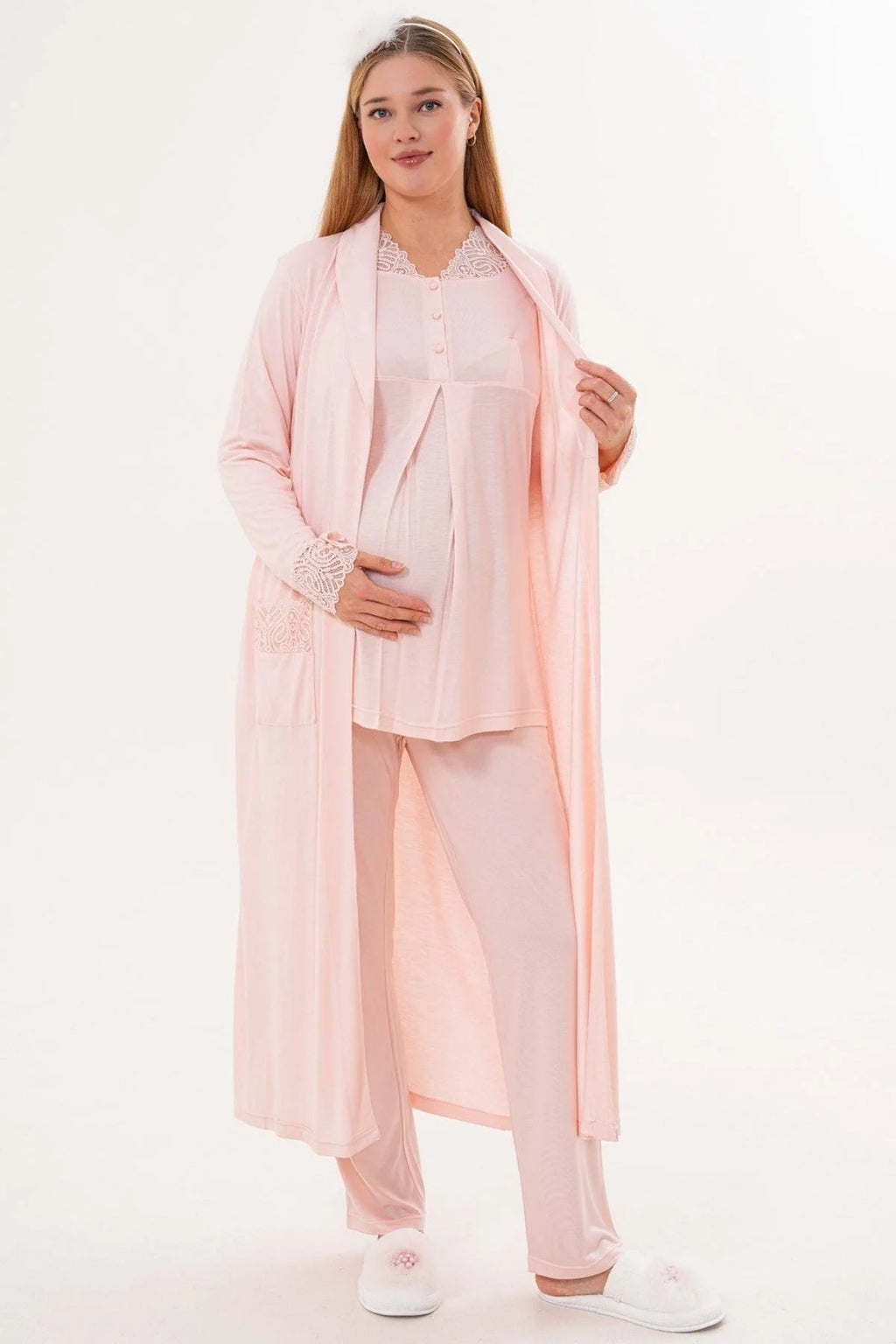Lace Sleeve and Collar 3-Piece Maternity-Nursing Pajama & Lace Sleeve Robe Set Powder - 6330