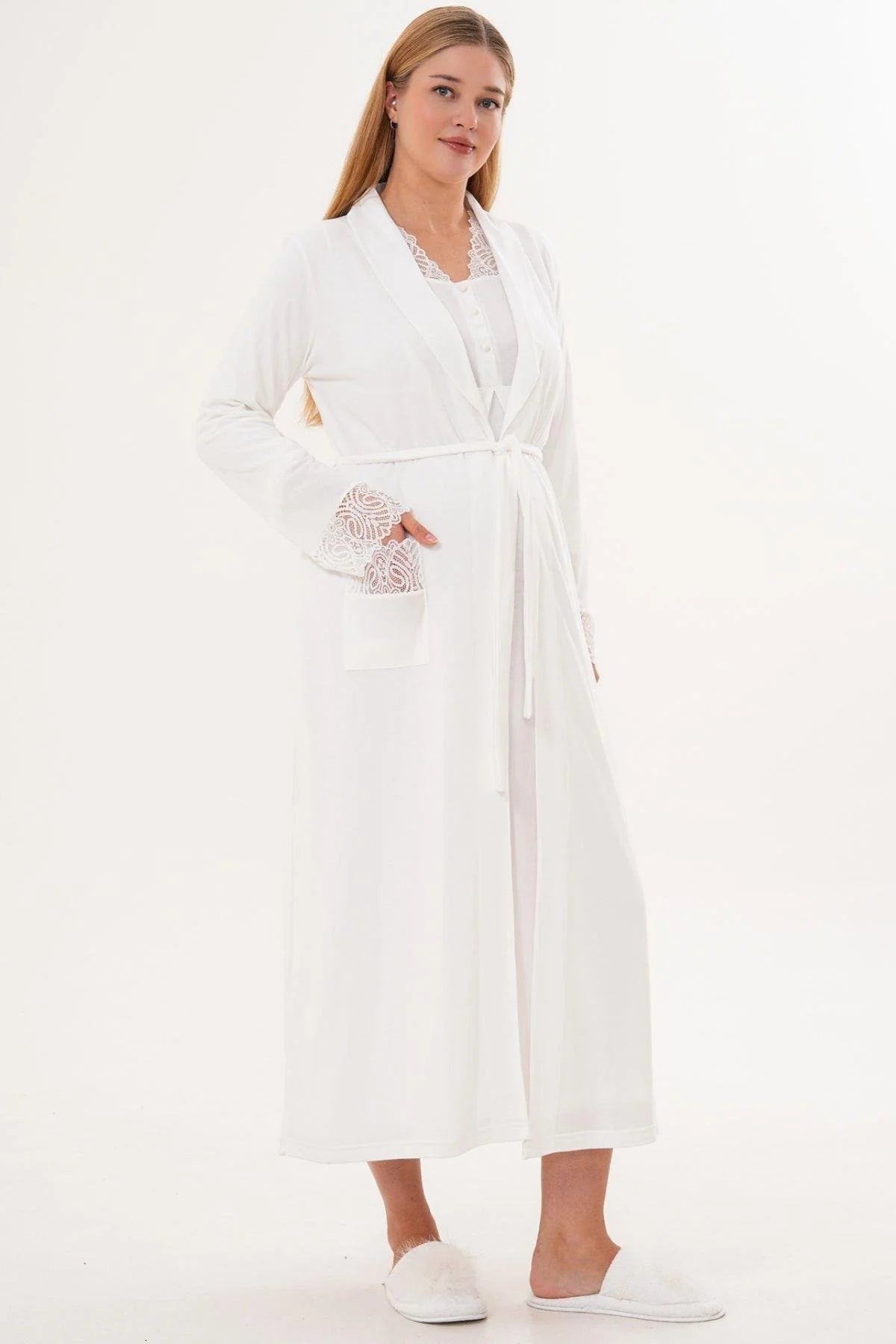 Lace Sleeve and Collar Maternity-Nursing Nightgown & Lace Sleeve Robe Set Ecru - 6331