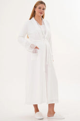 Lace Sleeve and Collar Maternity-Nursing Nightgown & Lace Sleeve Robe Set Ecru - 6331