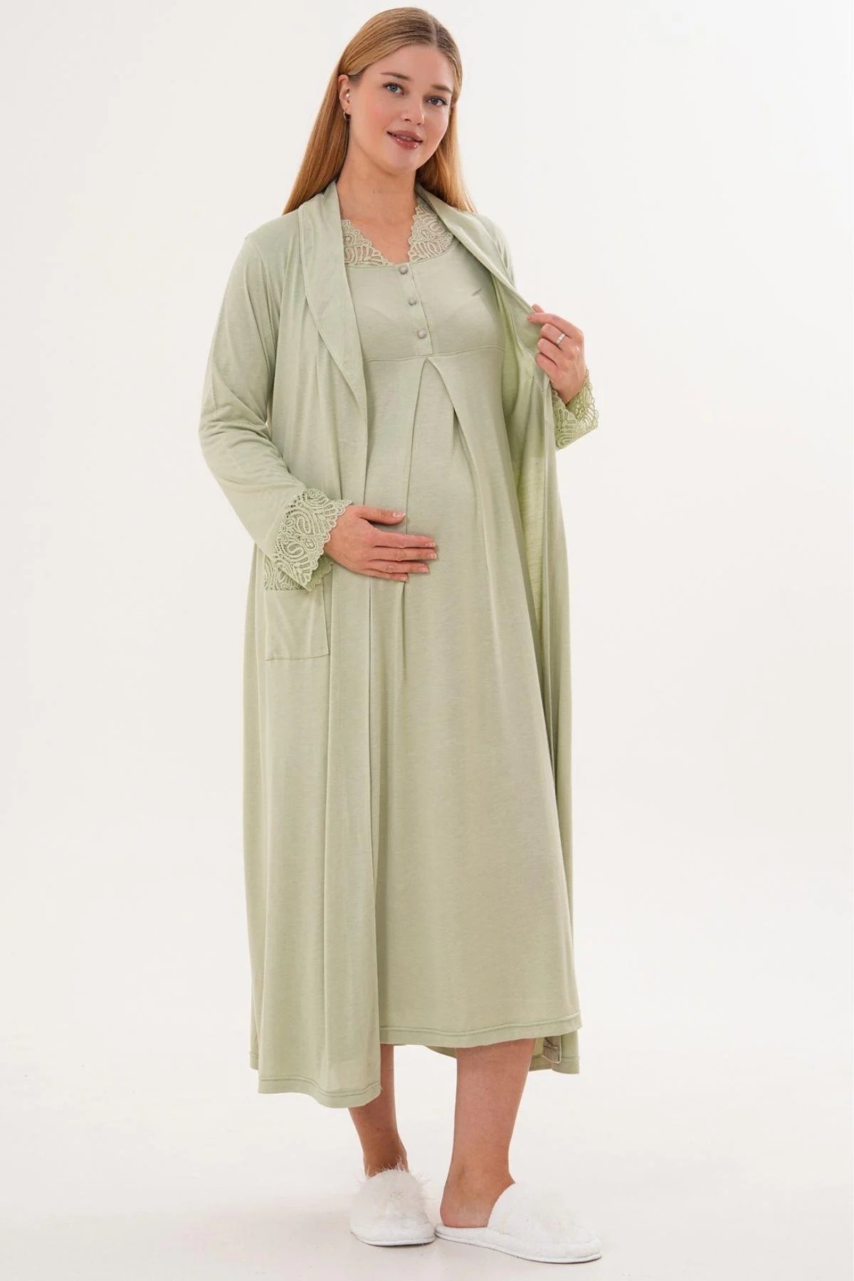 Lace Sleeve and Collar Maternity-Nursing Nightgown & Lace Sleeve Robe Set Green - 6331