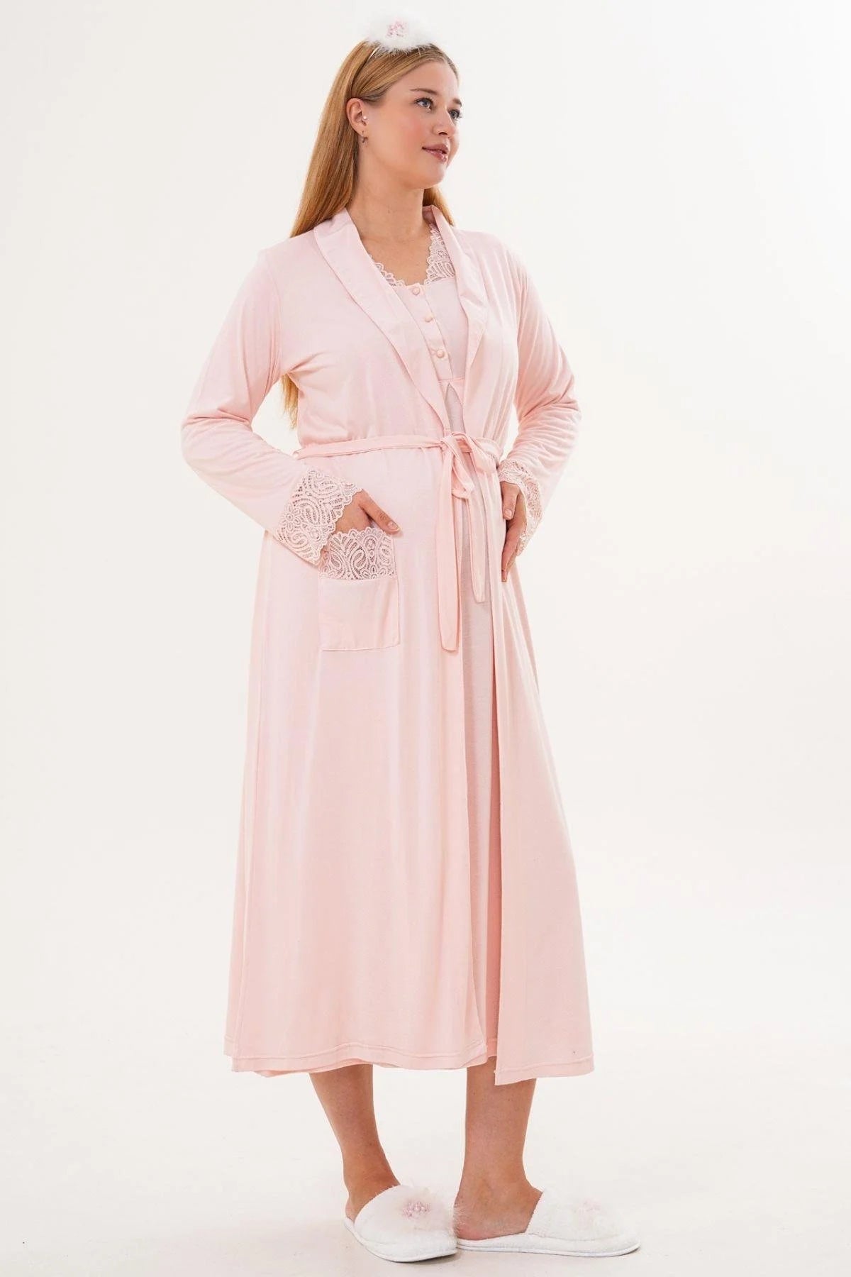 Lace Sleeve and Collar Maternity-Nursing Nightgown & Lace Sleeve Robe Set Powder - 6331