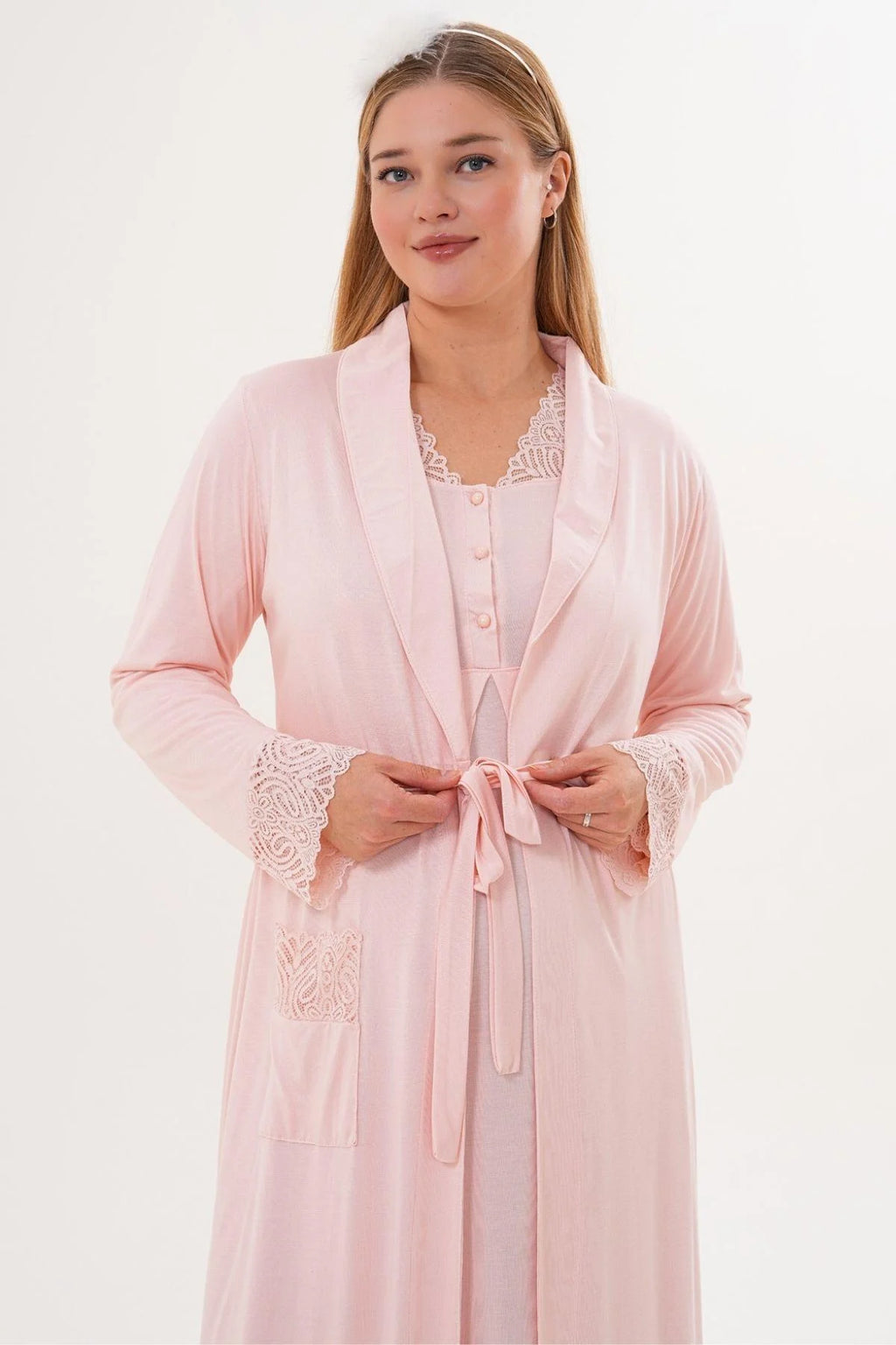 Lace Sleeve and Collar Maternity Feeding-Friendly Nightgown & Lace Sleeve Robe Set Powder - C6331