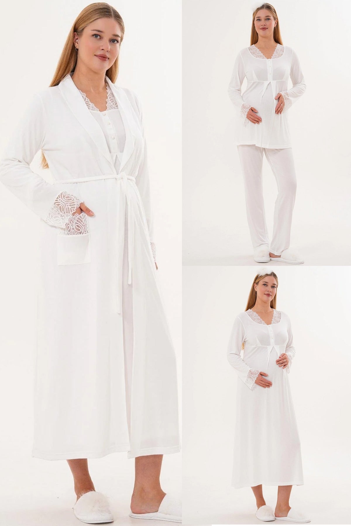 Lace Sleeve and Collar 4-Piece Maternity-Nursing Set Ecru - 6332