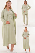 Lace Sleeve and Collar 4-Piece Maternity-Nursing Set Green - 6332