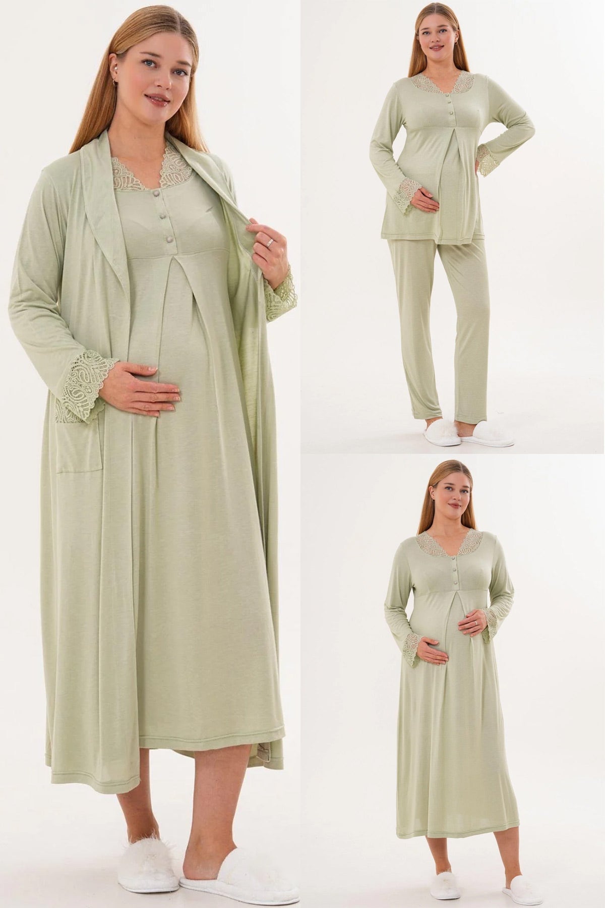 Lace Sleeve and Collar 4-Piece Maternity-Nursing Set Green - 6332