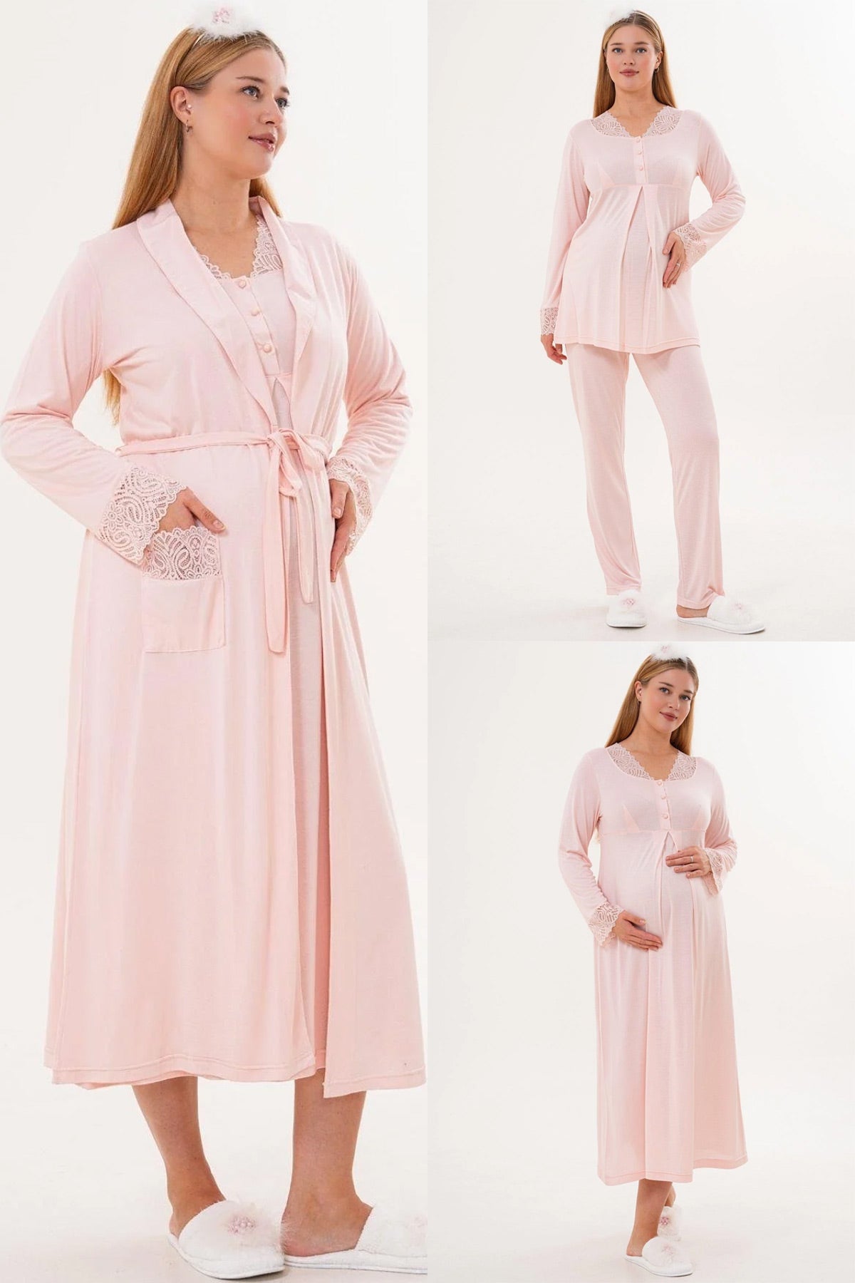 Lace Sleeve and Collar 4-Piece Maternity-Nursing Set Powder - 6332