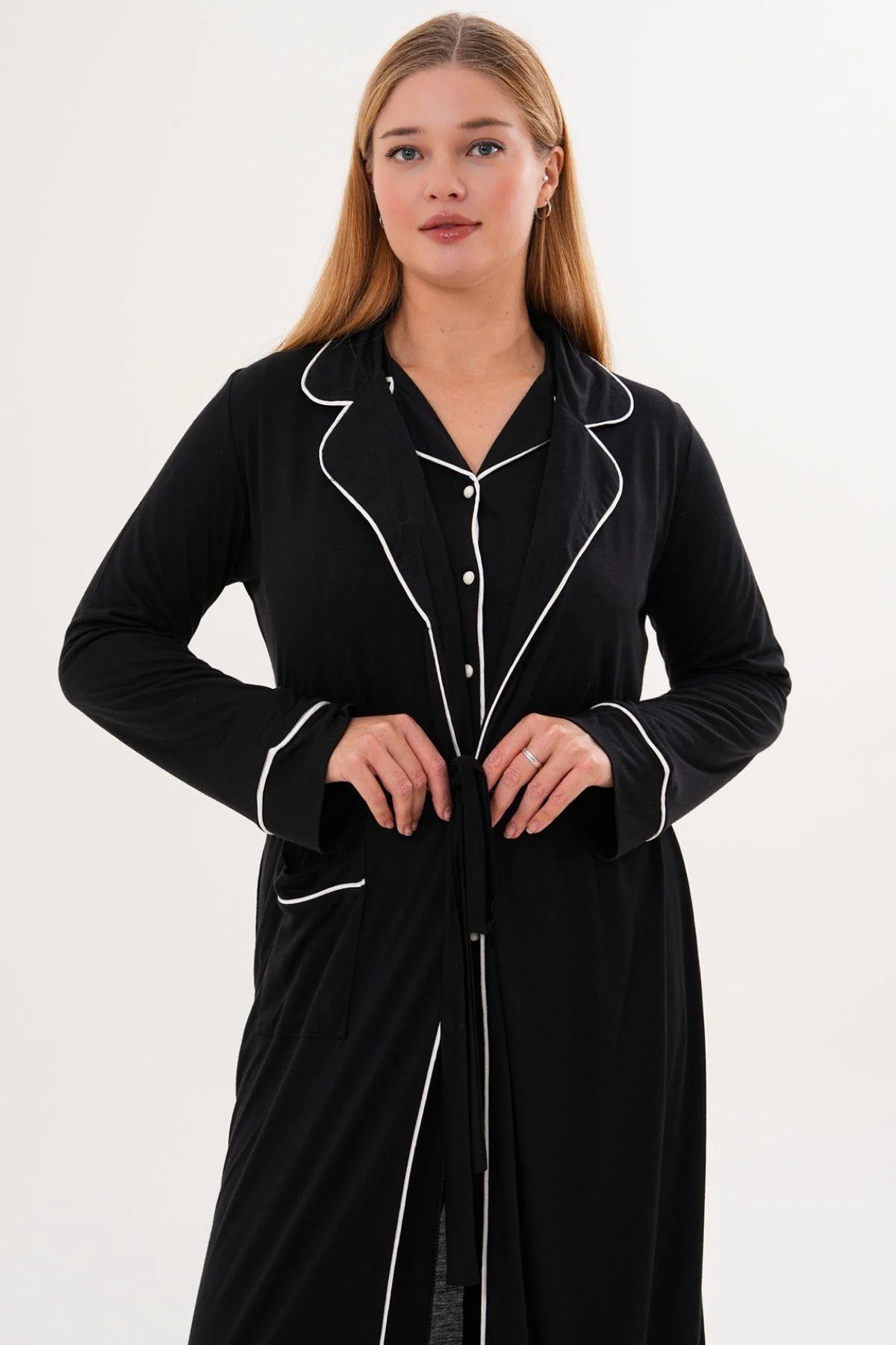 Bias Baby Printed 3-Piece Maternity-Nursing Pajama & Robe Set Black - 6333