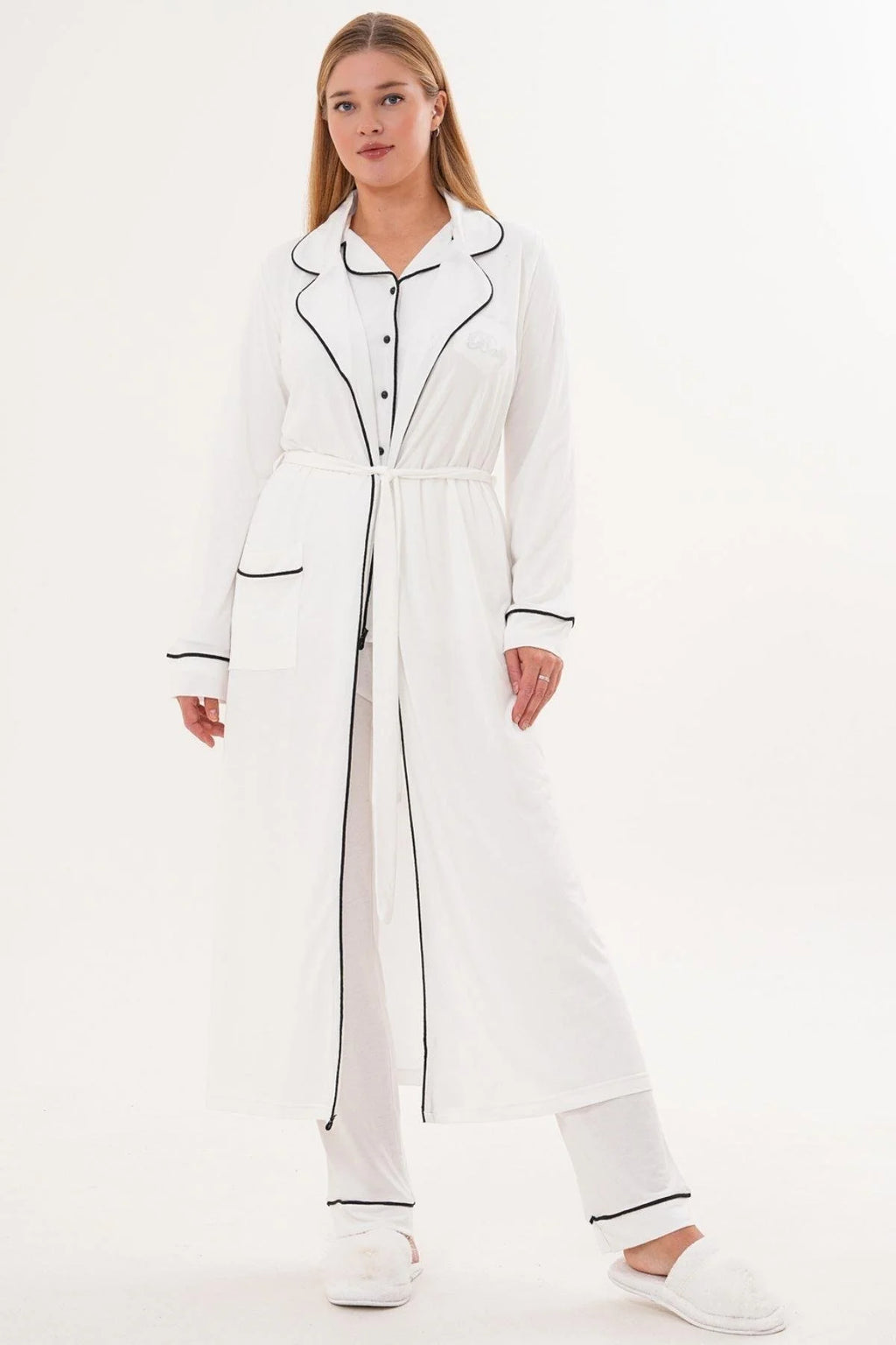 Bias Baby Printed 3-Piece Maternity-Nursing Pajama & Robe Set Ecru - 6333