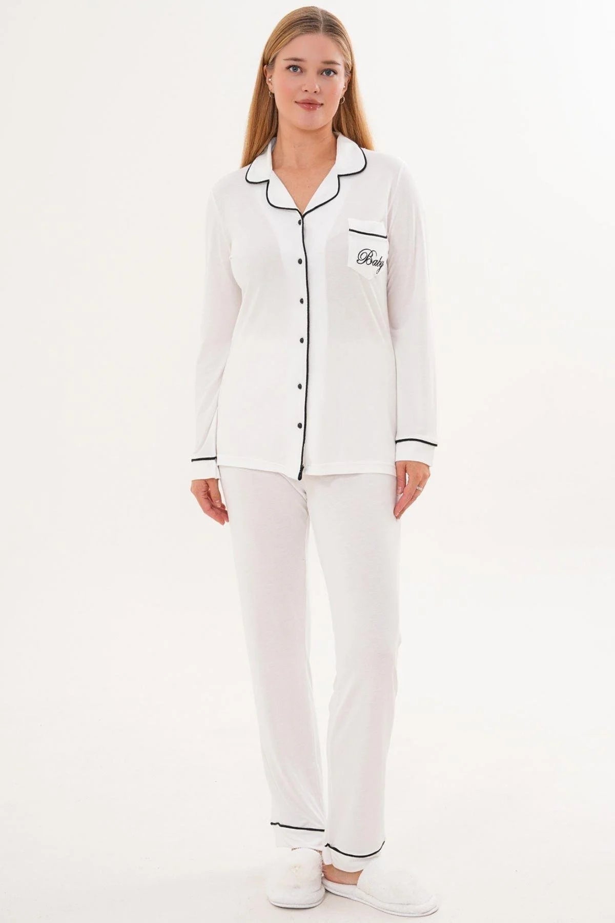 Bias Baby Printed 3-Piece Maternity-Nursing Pajama & Robe Set Ecru - 6333