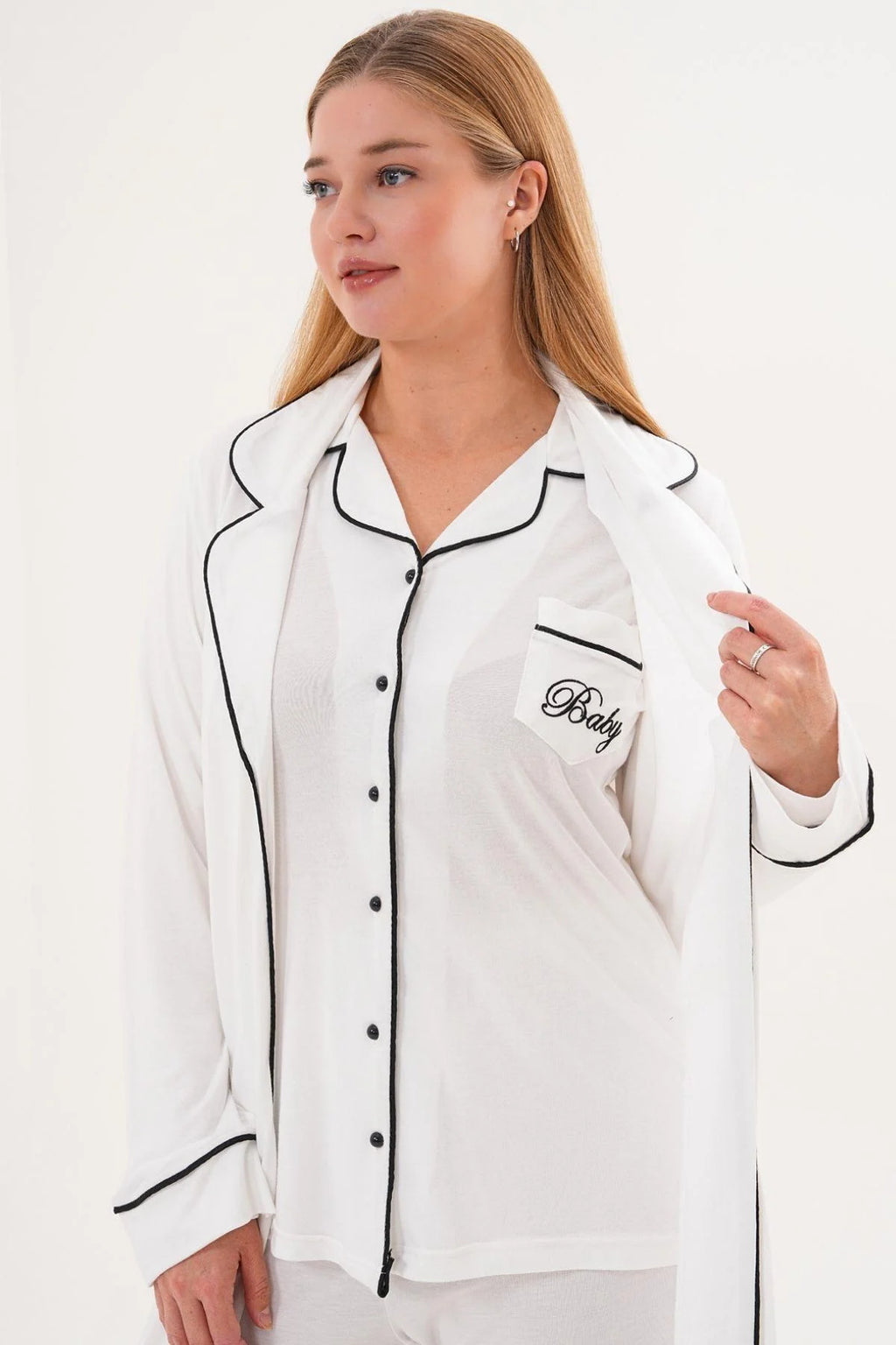 Bias Baby Printed 3-Piece Maternity-Nursing Pajama & Robe Set Ecru - 6333