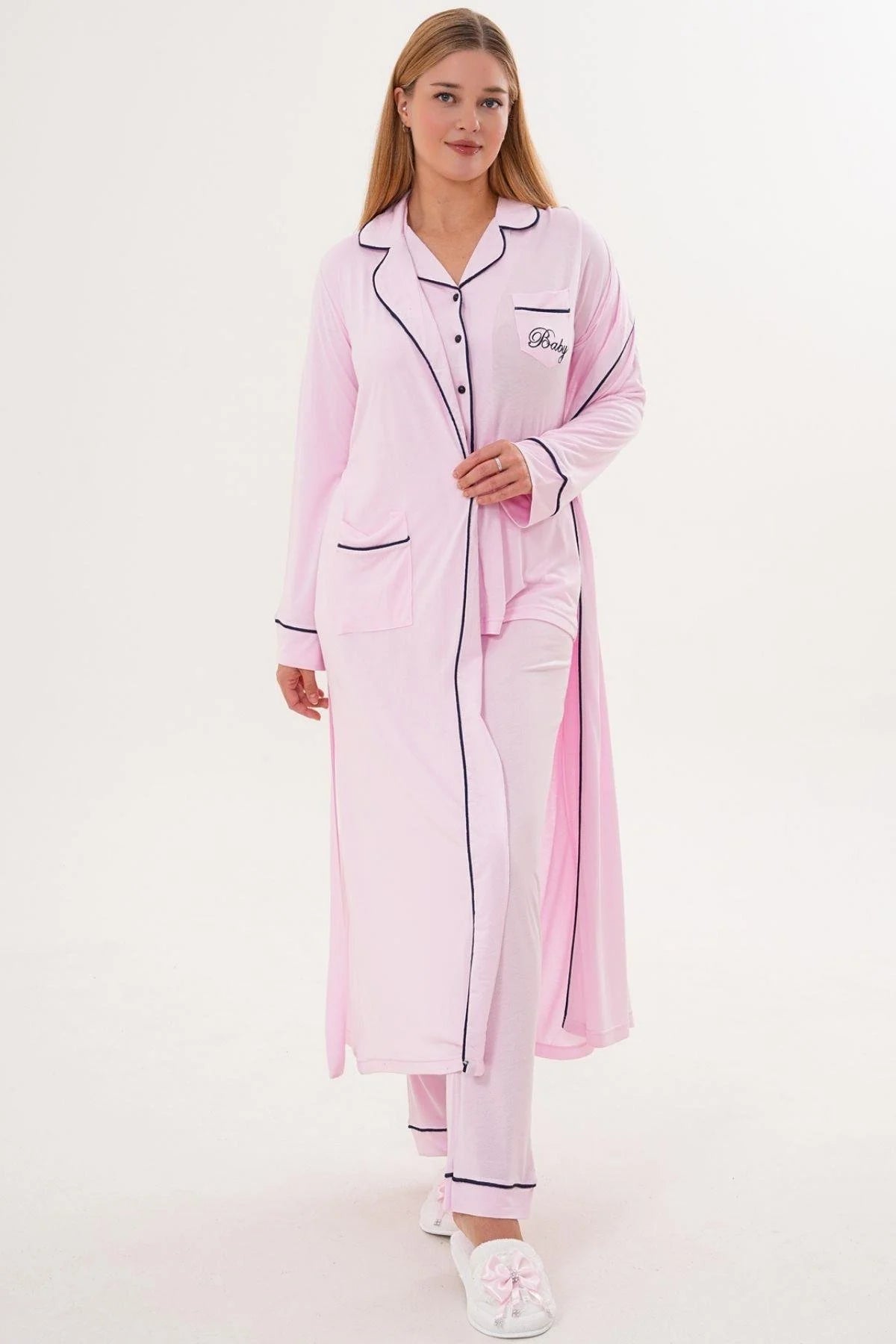 Bias Baby Printed 3-Piece Maternity-Nursing Pajama & Robe Set Pink - 6333