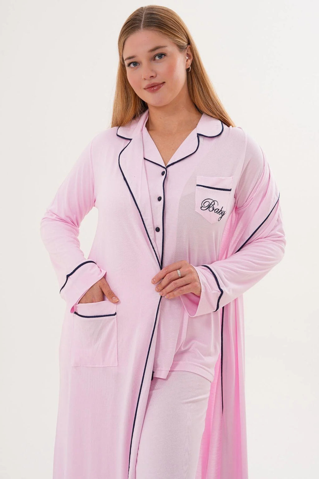 Bias Baby Printed 3-Piece Maternity-Nursing Pajama & Robe Set Pink - 6333
