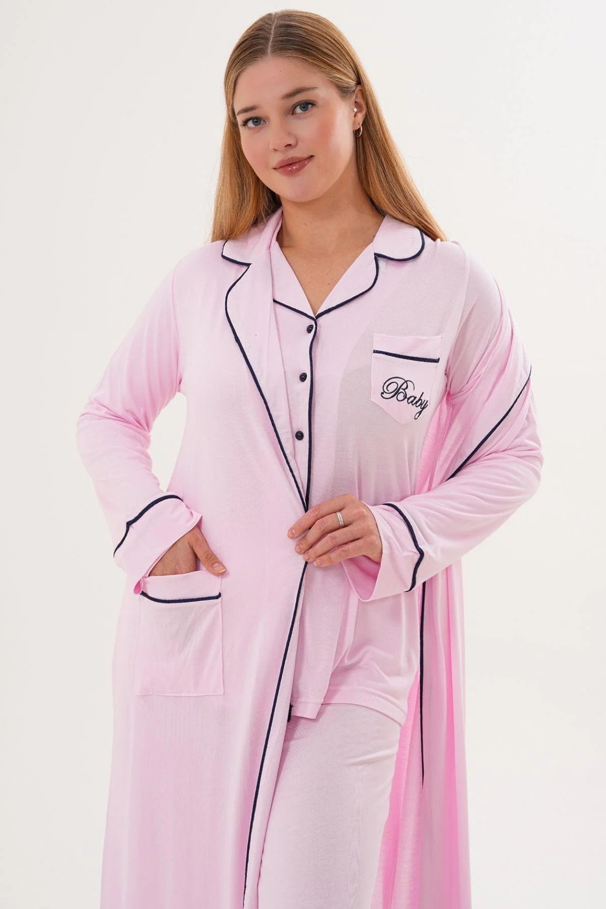 Bias Baby Printed 3-Piece Maternity-Nursing Pajama & Robe Set Pink - 6333