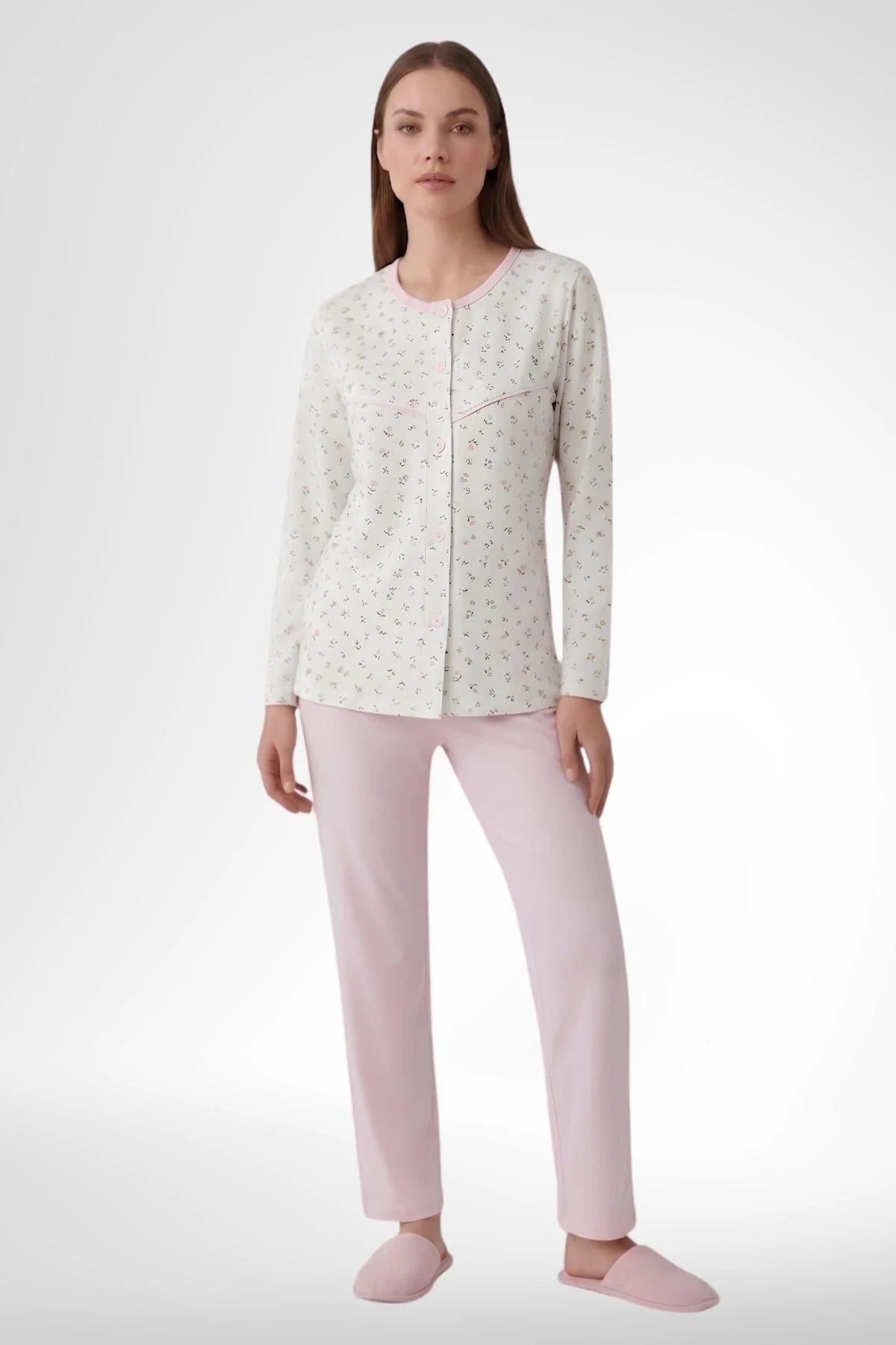 Patterned Cotton Plus Size Maternity & Nursing Pajama Set Pink - 6362