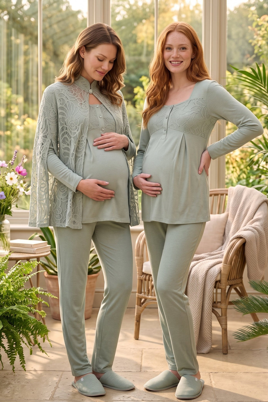Lace Collar 3-Piece Maternity Feeding-Friendly Pajama & Lace Cape Robe Set Green - C6402