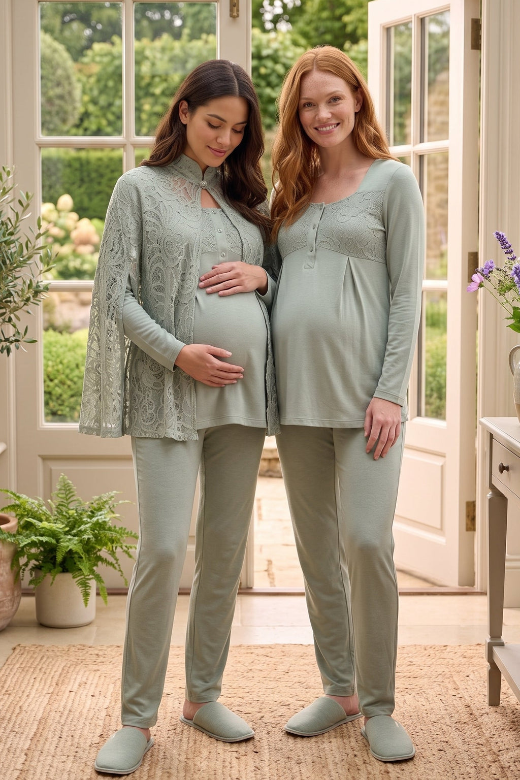 Lace Collar 3-Piece Maternity Feeding-Friendly Pajama & Lace Cape Robe Set Green - C6402