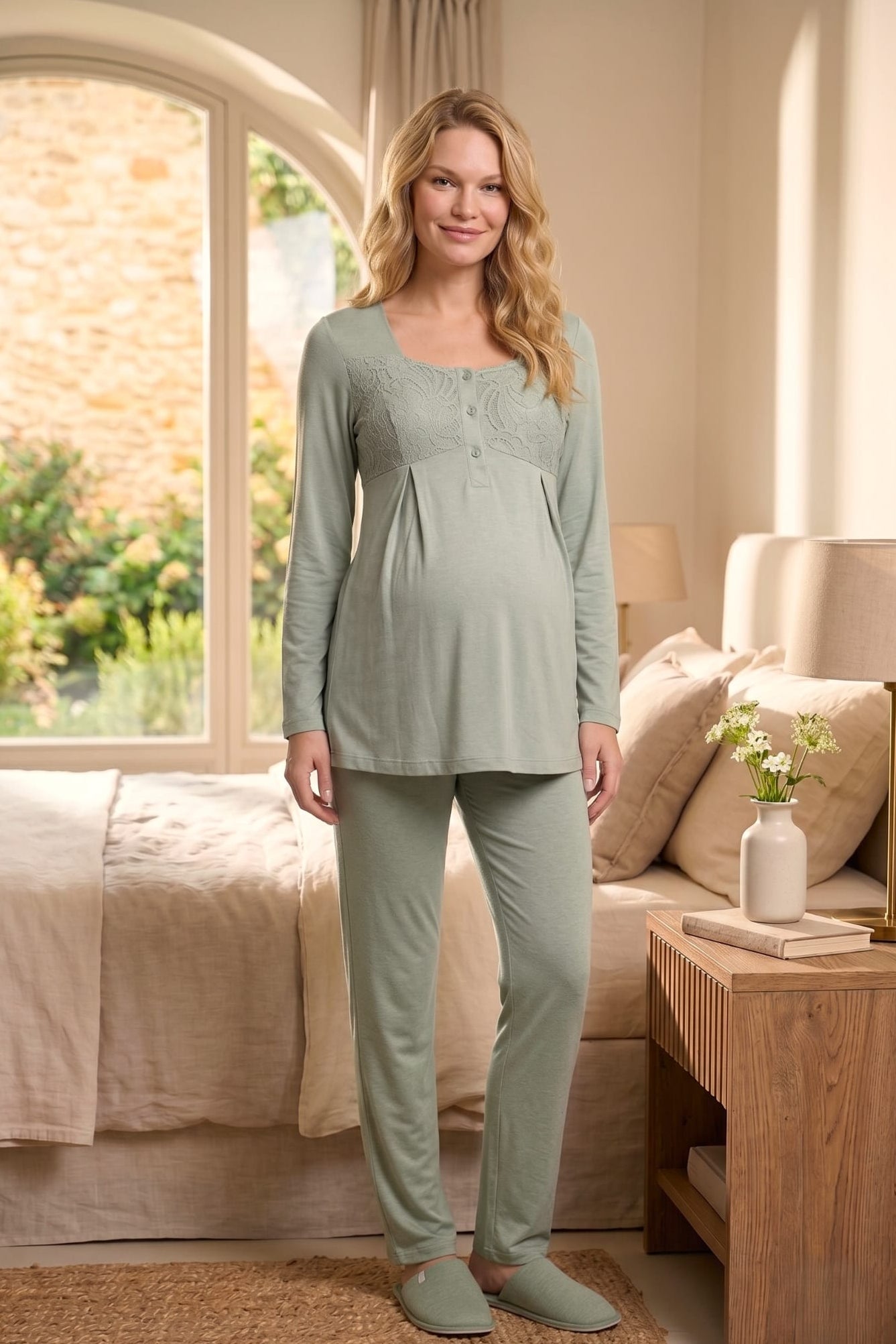 Lace Collar 3-Piece Maternity-Nursing Pajama & Lace Cape Robe Set Green - 6402
