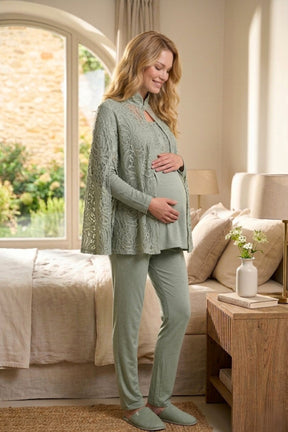 Lace Collar 3-Piece Maternity-Nursing Pajama & Lace Cape Robe Set Green - 6402