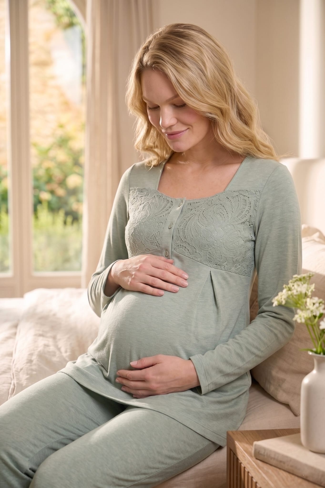 Lace Collar 3-Piece Maternity-Nursing Pajama & Lace Cape Robe Set Green - 6402