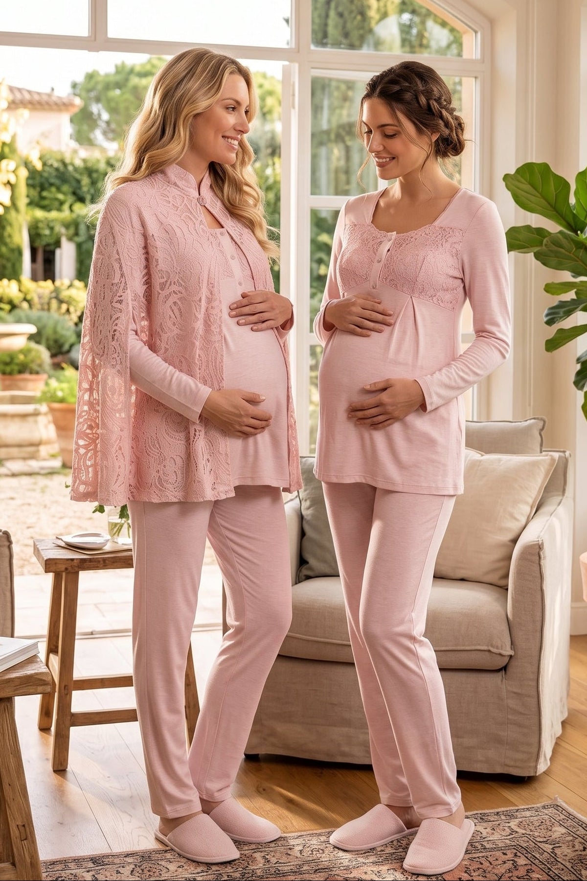 Lace Collar 3-Piece Maternity Feeding-Friendly Pajama & Lace Cape Robe Set Powder - C6402