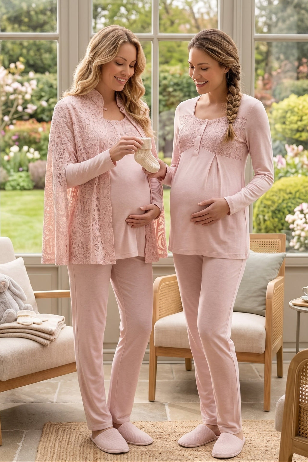 Lace Collar 3-Piece Maternity Feeding-Friendly Pajama & Lace Cape Robe Set Powder - C6402