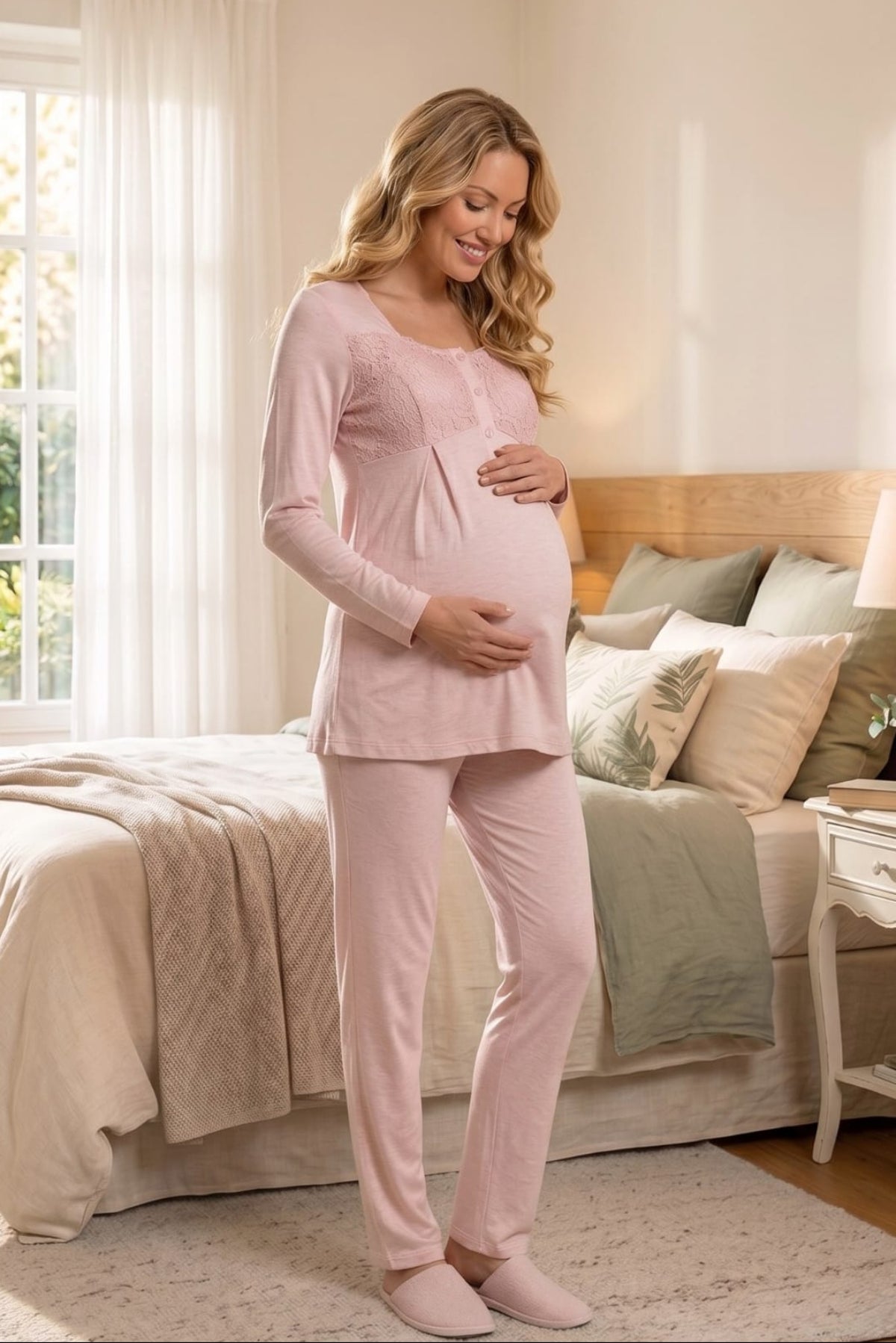 Lace Collar 3-Piece Maternity-Nursing Pajama & Lace Cape Robe Set Powder - 6402