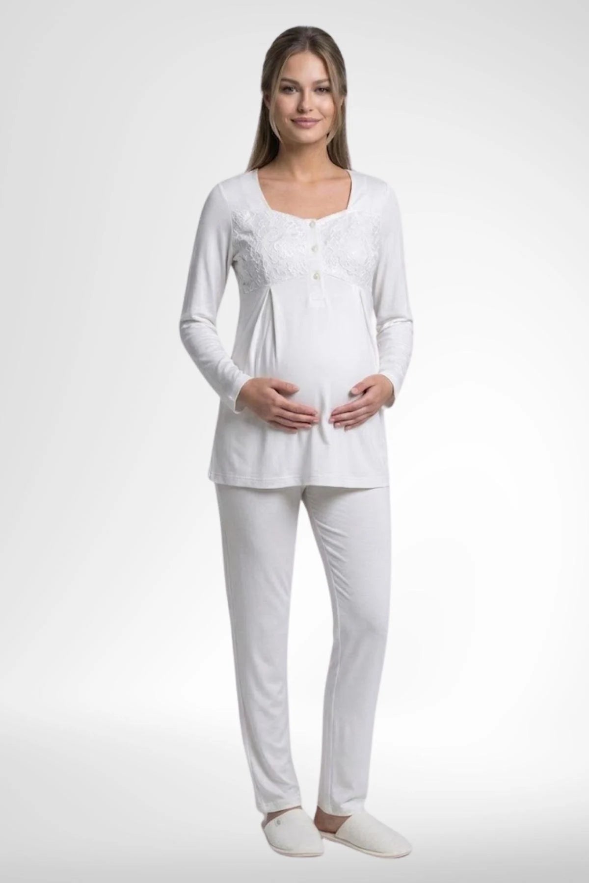 Lace Collar 3-Piece Maternity-Nursing Pajama & Lace Cape Robe Set Ecru - 6402