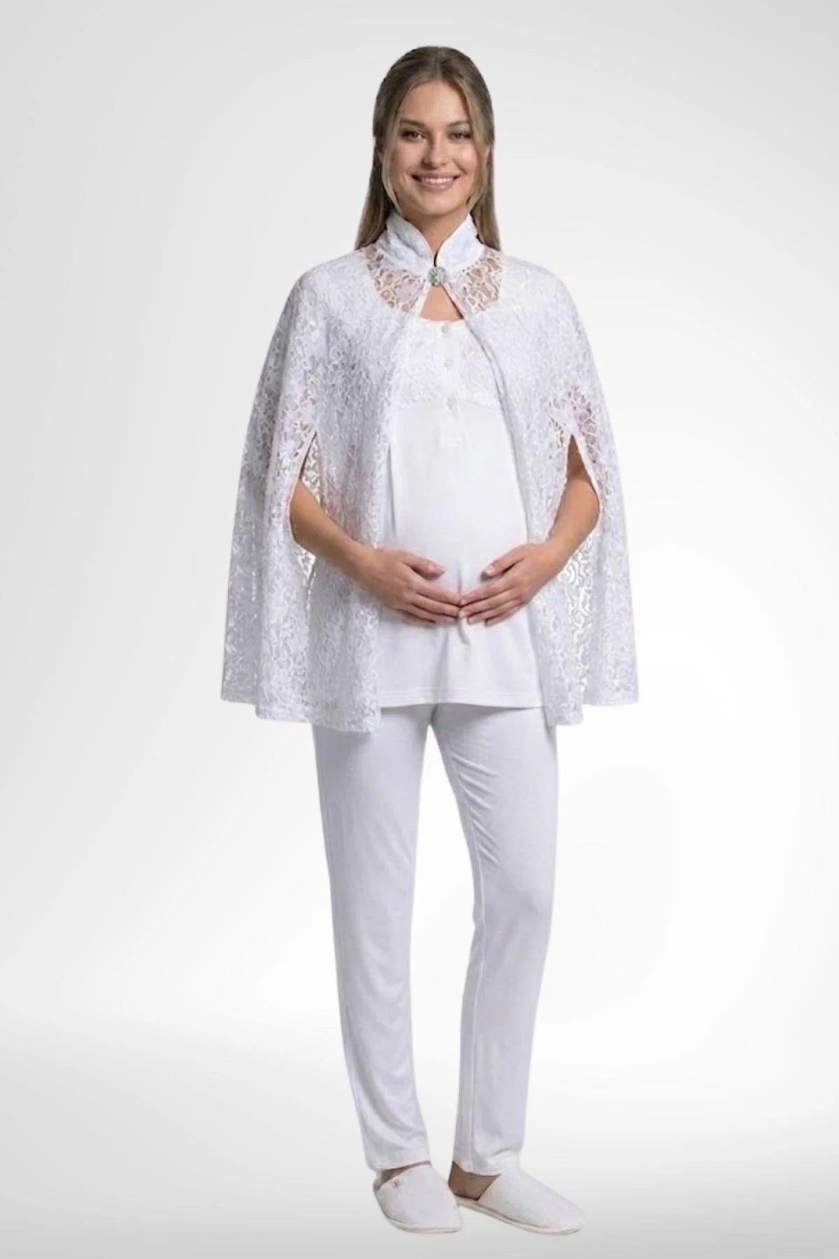 Lace Collar 3-Piece Maternity-Nursing Pajama & Lace Cape Robe Set Ecru - 6402