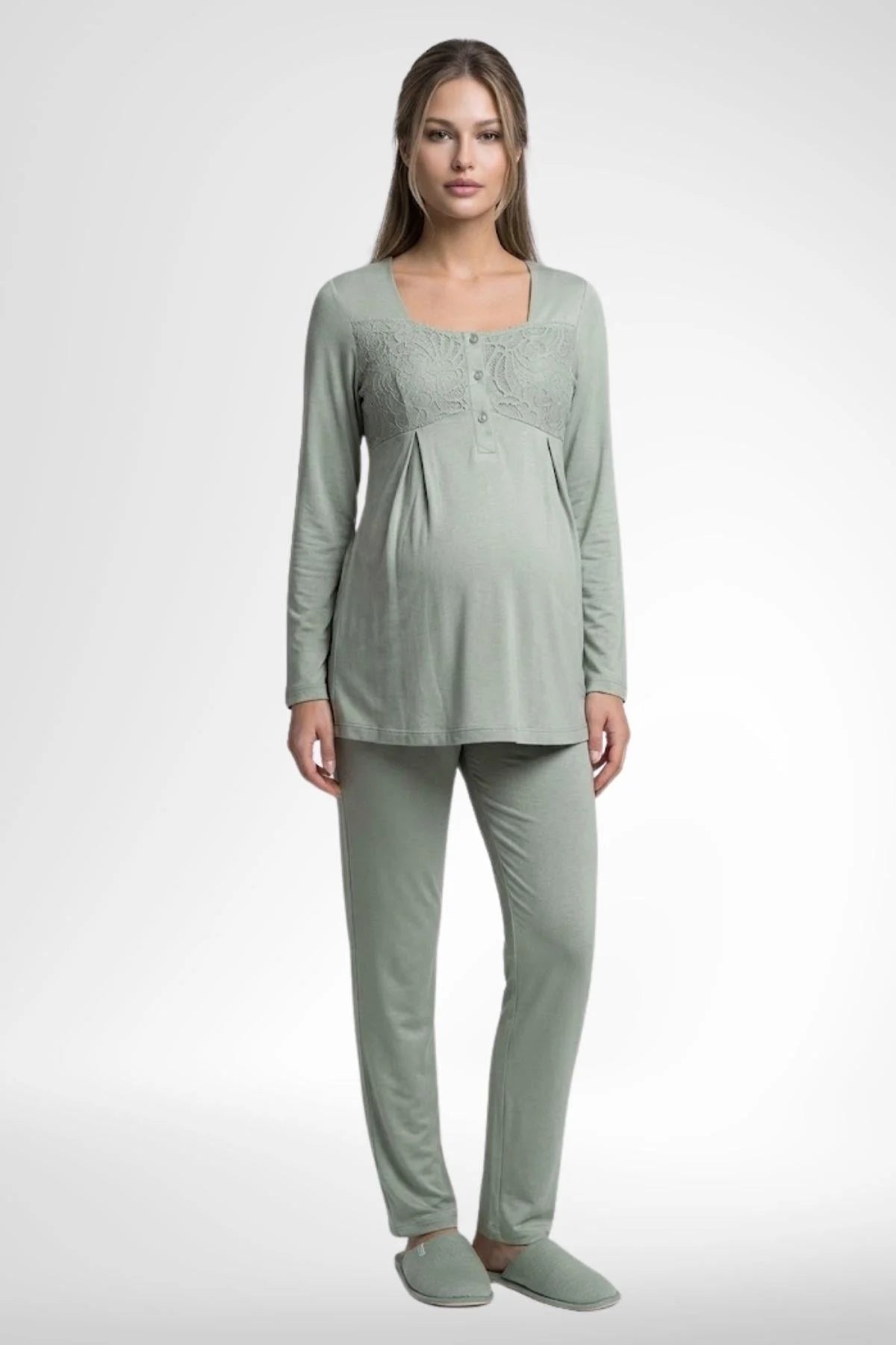 Lace Collar 3-Piece Maternity-Nursing Pajama & Lace Cape Robe Set Green - 6402