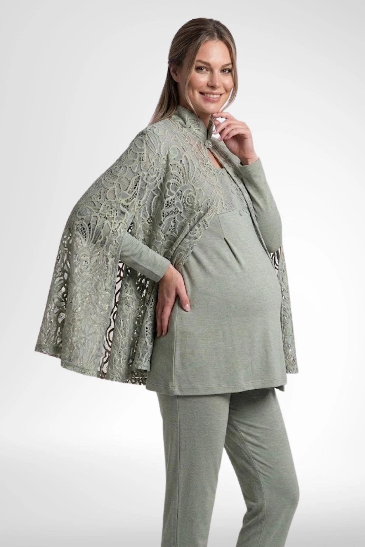 Lace Collar 3-Piece Maternity-Nursing Pajama & Lace Cape Robe Set Green - 6402
