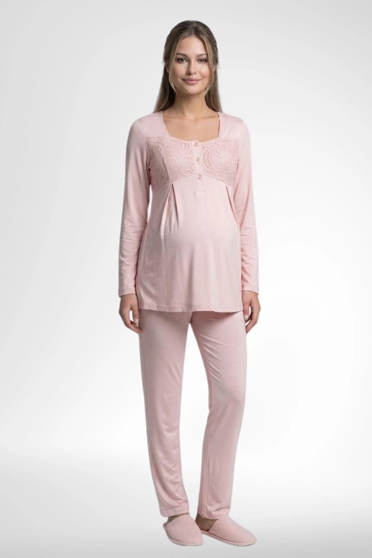 Lace Collar 3-Piece Maternity-Nursing Pajama & Lace Cape Robe Set Powder - 6402