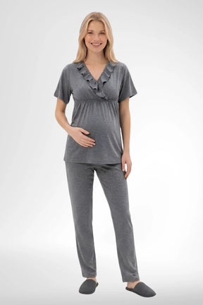 Pleated Wrap 3-Piece Maternity-Nursing Pajama & Robe Set Charcoal - 6403