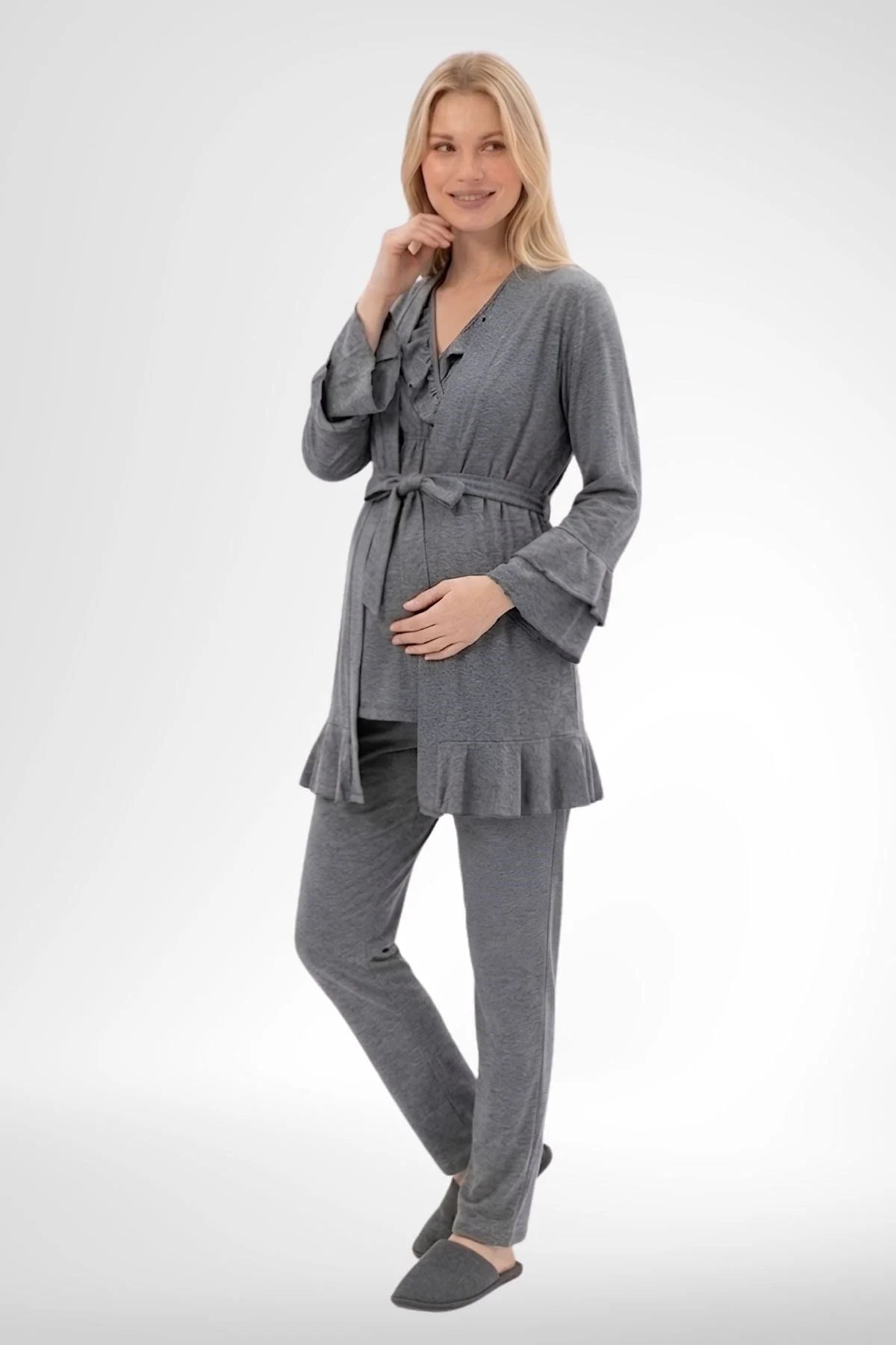 Pleated Wrap 3-Piece Maternity-Nursing Pajama & Robe Set Charcoal - 6403