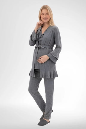 Pleated Wrap 3-Piece Maternity-Nursing Pajama & Robe Set Charcoal - 6403