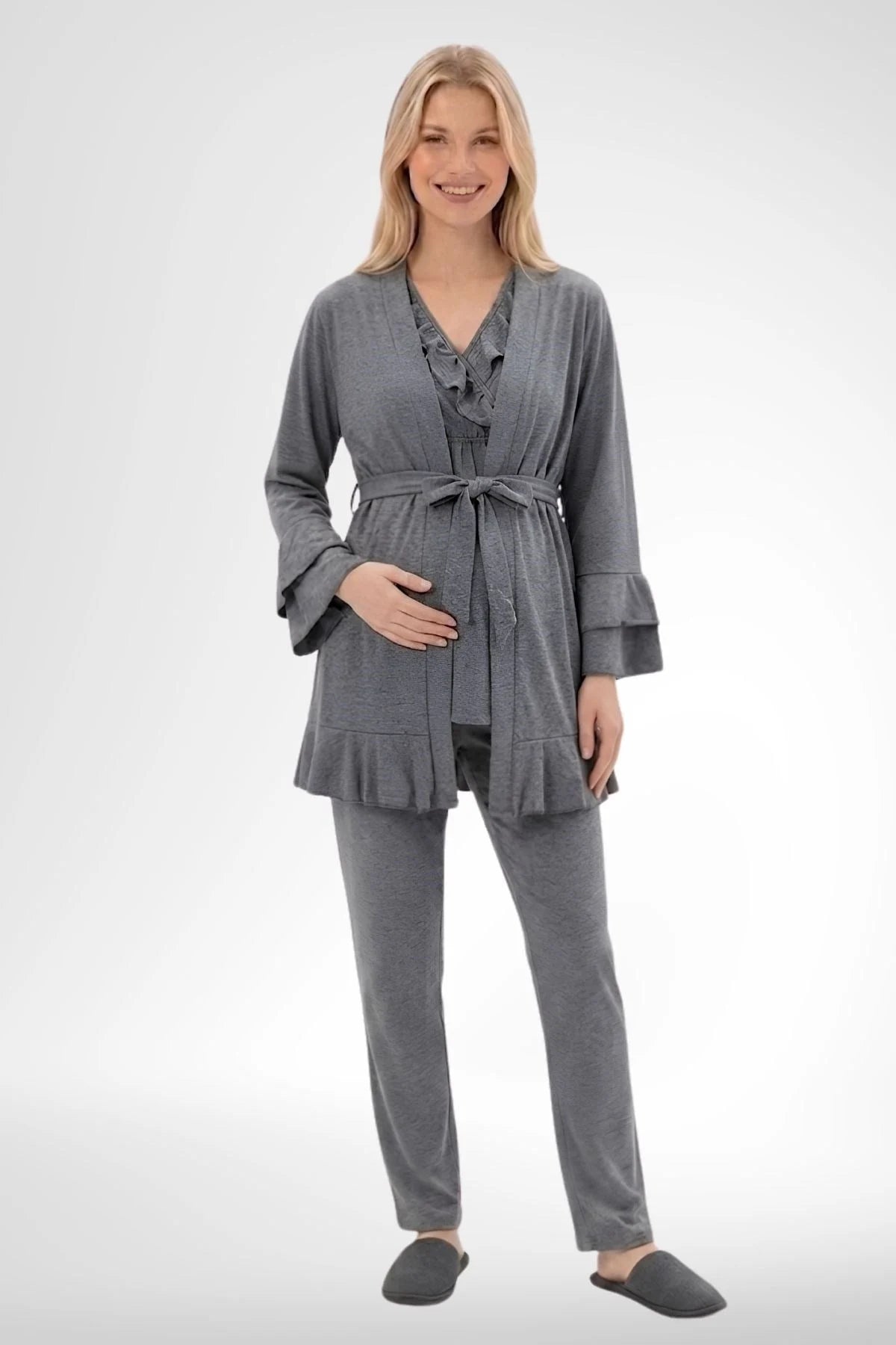 Pleated Wrap 3-Piece Maternity-Nursing Pajama & Robe Set Charcoal - 6403