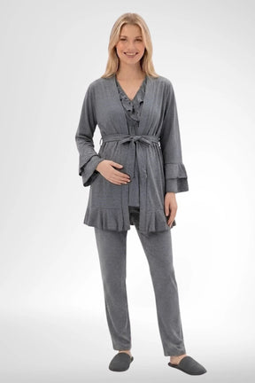 Pleated Wrap 3-Piece Maternity-Nursing Pajama & Robe Set Charcoal - 6403