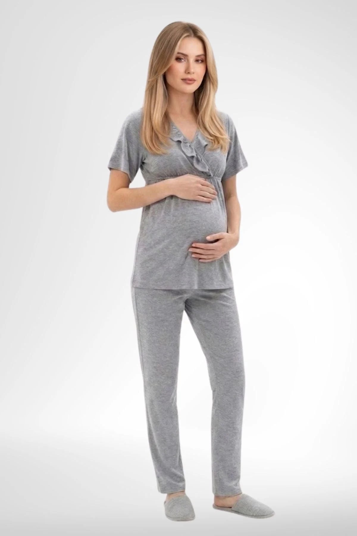 Pleated Wrap 3-Piece Maternity-Nursing Pajama & Robe Set Grey - 6403