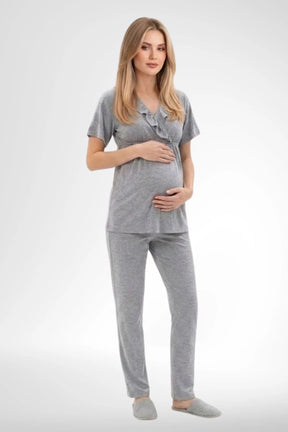 Pleated Wrap 3-Piece Maternity-Nursing Pajama & Robe Set Grey - 6403