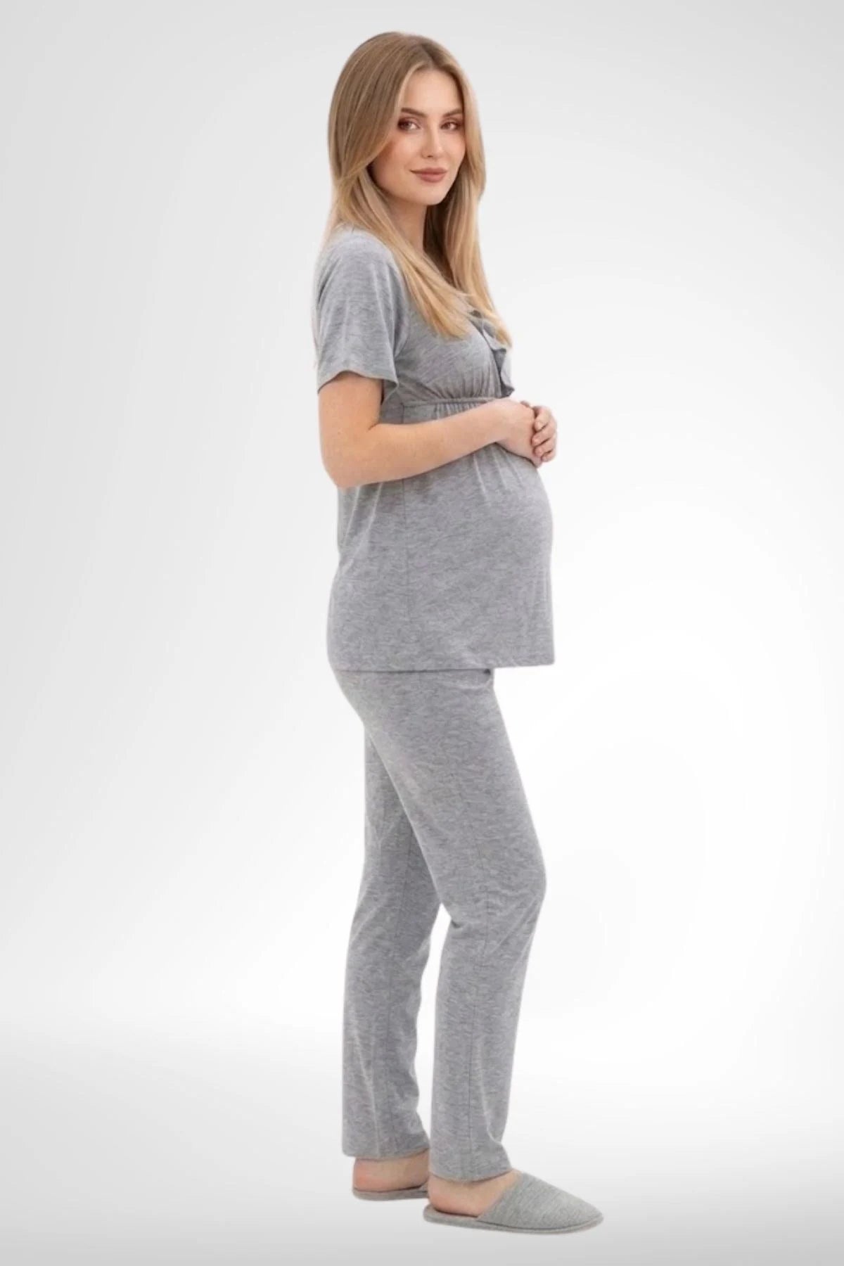 Pleated Wrap 3-Piece Maternity-Nursing Pajama & Robe Set Grey - 6403