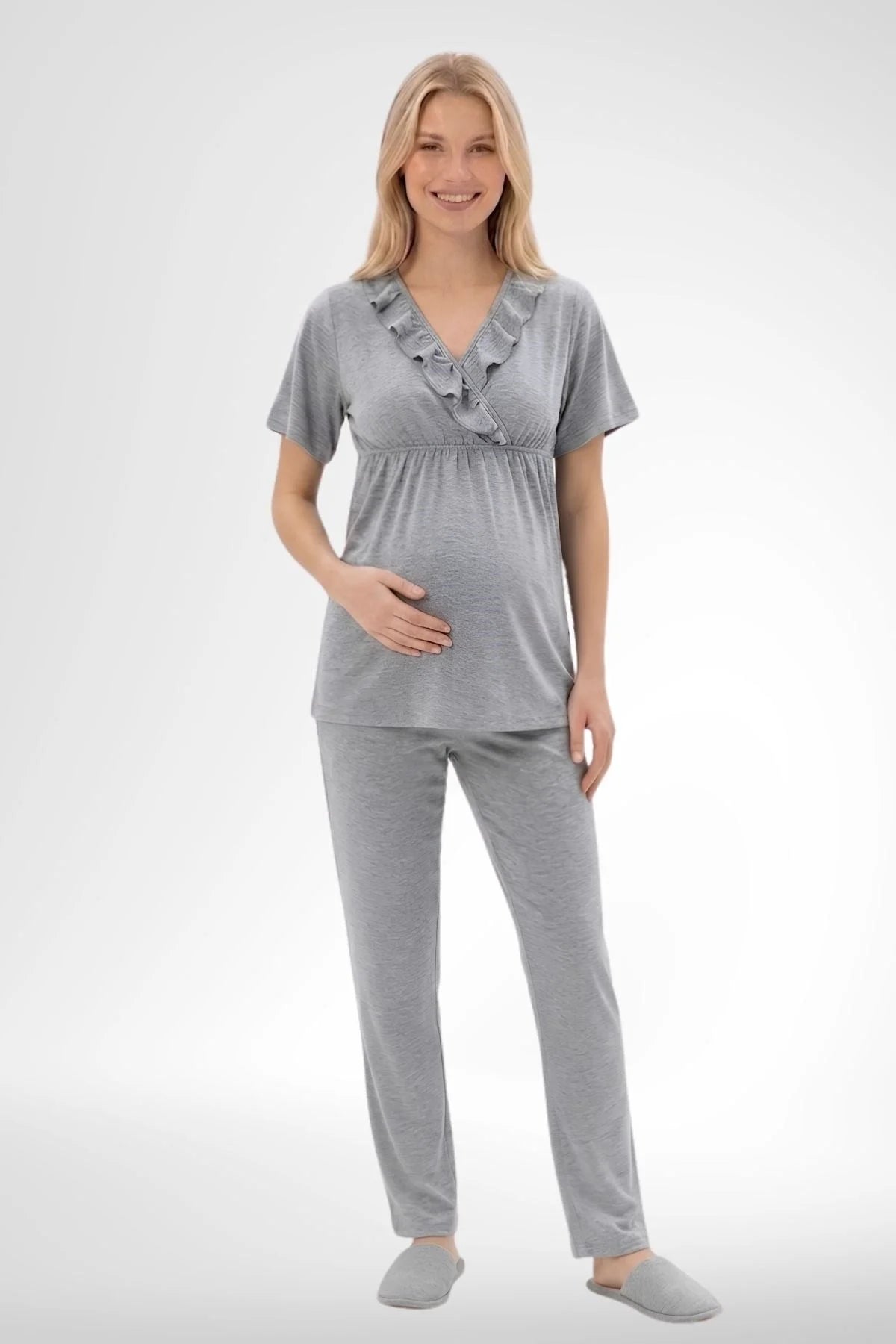 Pleated Wrap 3-Piece Maternity-Nursing Pajama & Robe Set Grey - 6403