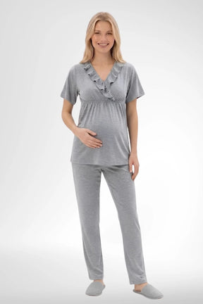 Pleated Wrap 3-Piece Maternity-Nursing Pajama & Robe Set Grey - 6403