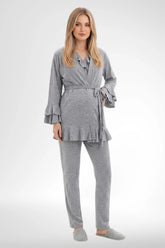 Pleated Wrap 3-Piece Maternity-Nursing Pajama & Robe Set Grey - 6403