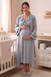 Pleated Wrap Maternity-Nursing Nightgown & Robe Set Grey - 6404