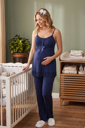 Lace Detailed Strappy 3-Piece Maternity-Nursing Pajama & Robe Set Navy Blue - 6405
