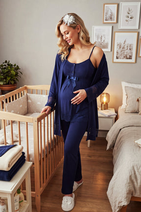 Lace Detailed Strappy 3-Piece Maternity-Nursing Pajama & Robe Set Navy Blue - 6405