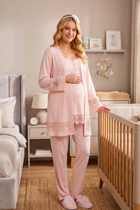 Lace Detailed Strappy 3-Piece Maternity-Nursing Pajama & Robe Set Powder - 6405